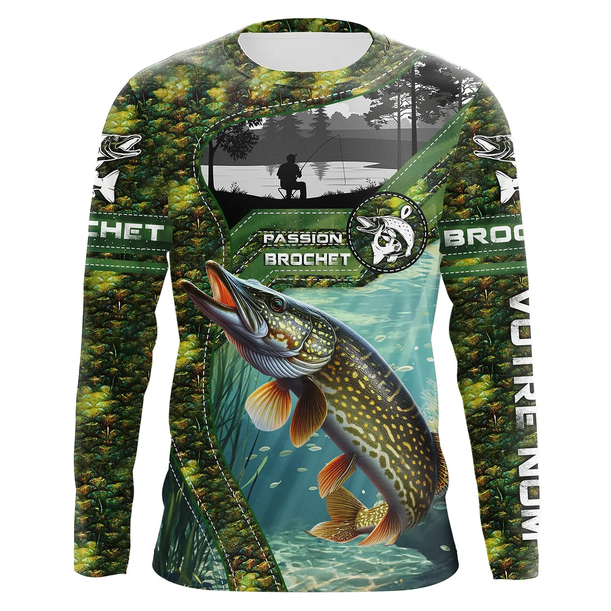 Maillot UV manches longues pêche brochet peau passion multicolore camouflage prénom personnalisé