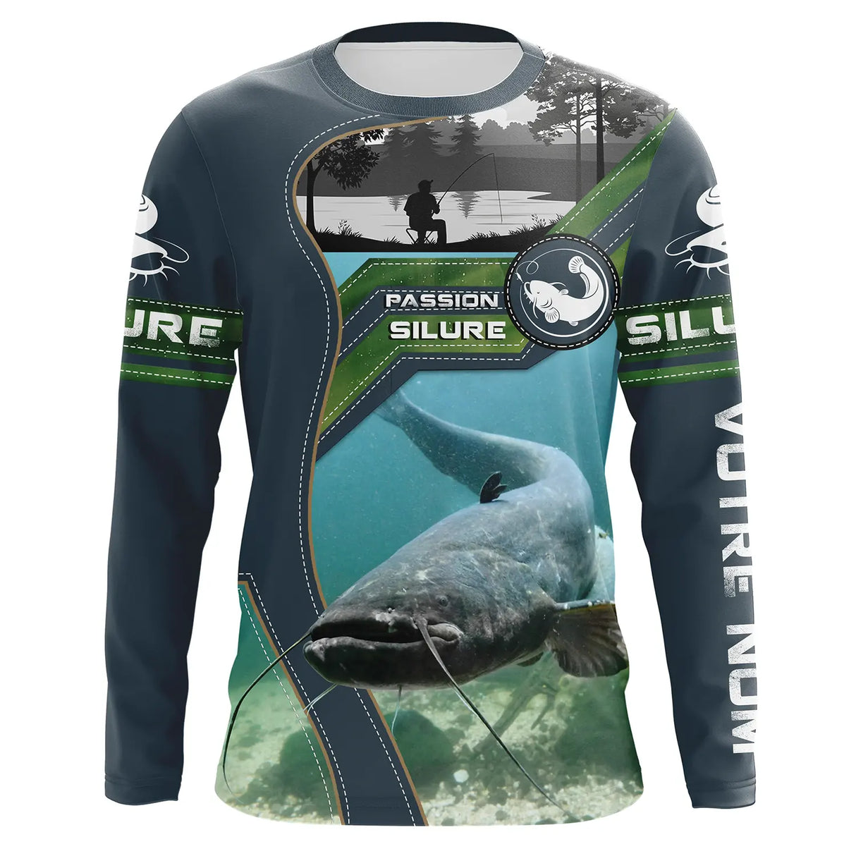 Maillot UV manches longues pêche silure peau passion gris camouflage prénom personnalisé