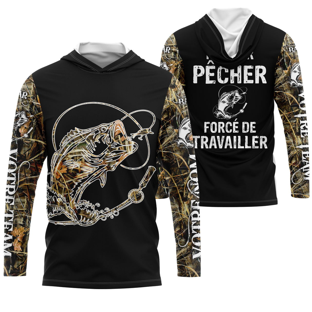 Maillot UV manches longues pêche bar humour Pêcher forcé de travailler camouflage prénom