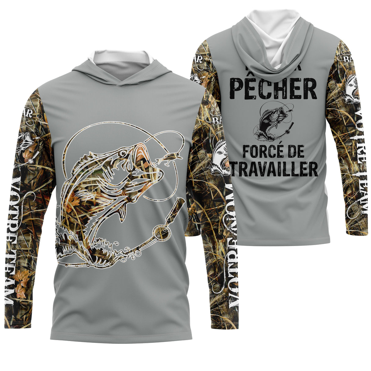 Sweater all-over pêche bar humour Pêcher forcé de travailler camouflage prénom