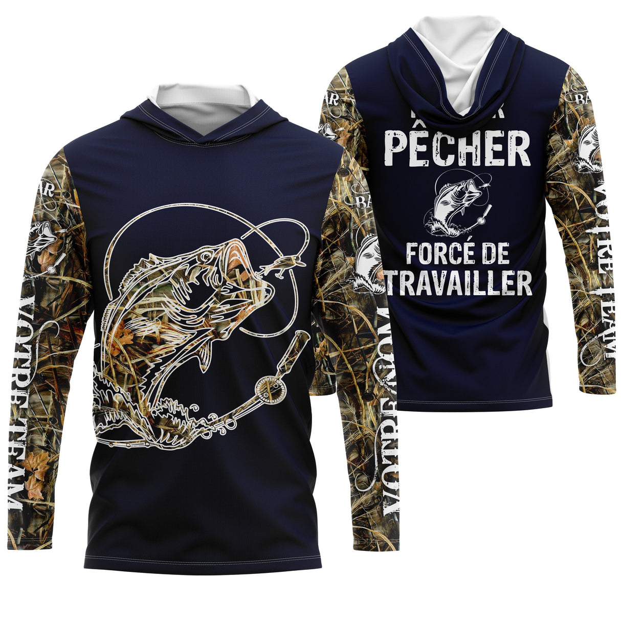 Sweat à capuche zippé pêche bar humour Pêcher forcé de travailler camouflage prénom