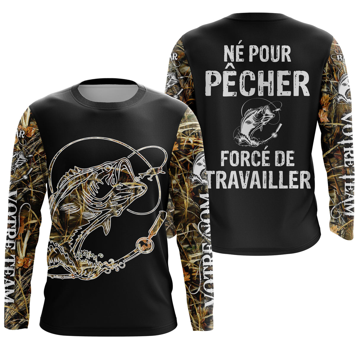 T-shirt all-over pêche bar humour Pêcher forcé de travailler camouflage prénom
