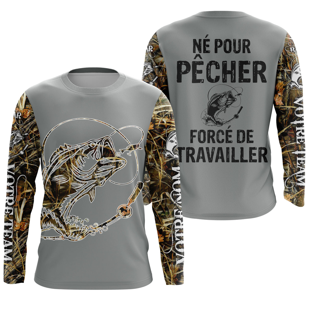 Sweat all-over pêche bar humour Pêcher forcé de travailler vue dos camouflage prénom