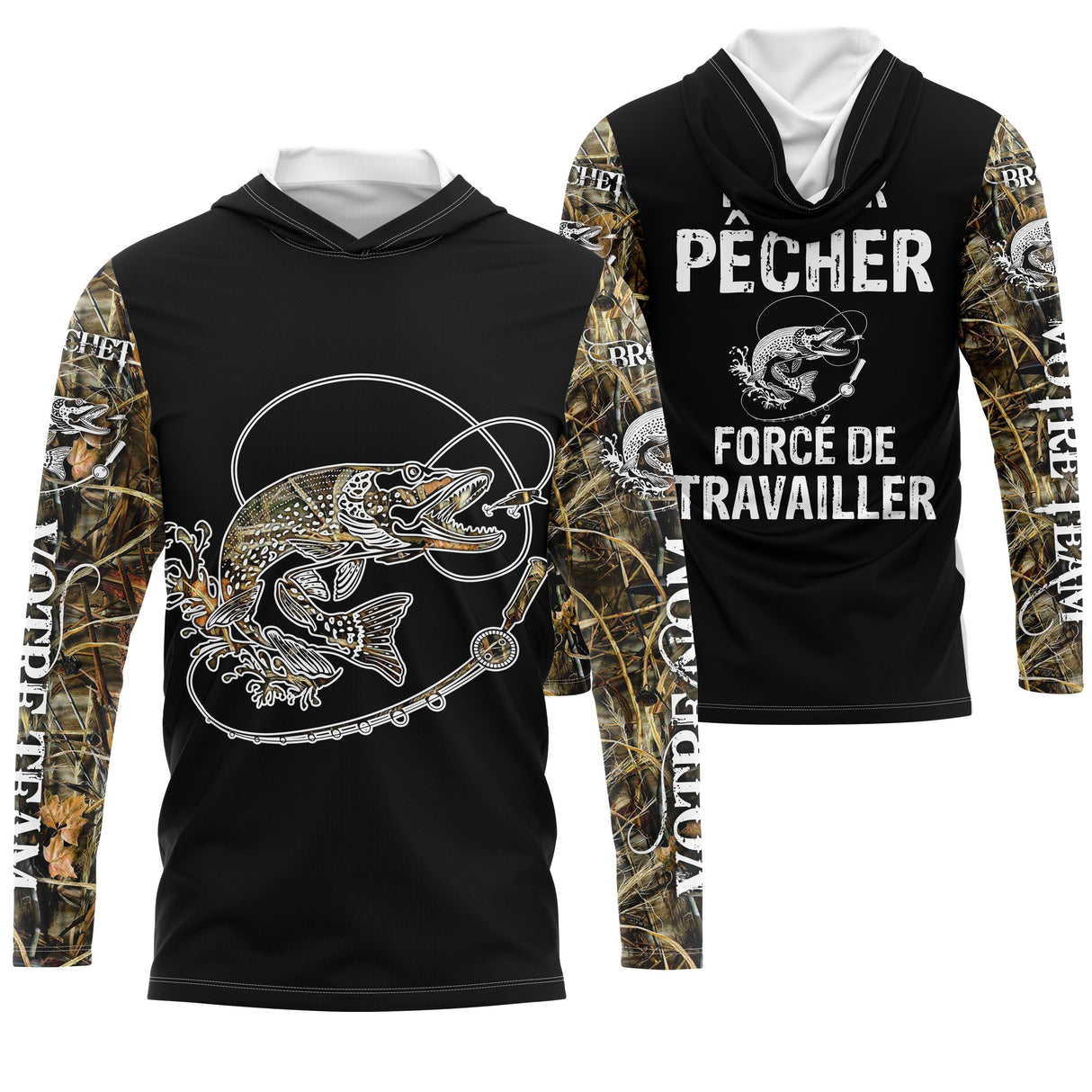 Maillot UV manches longues pêche brochet humour Pêcher forcé de travailler camouflage prénom