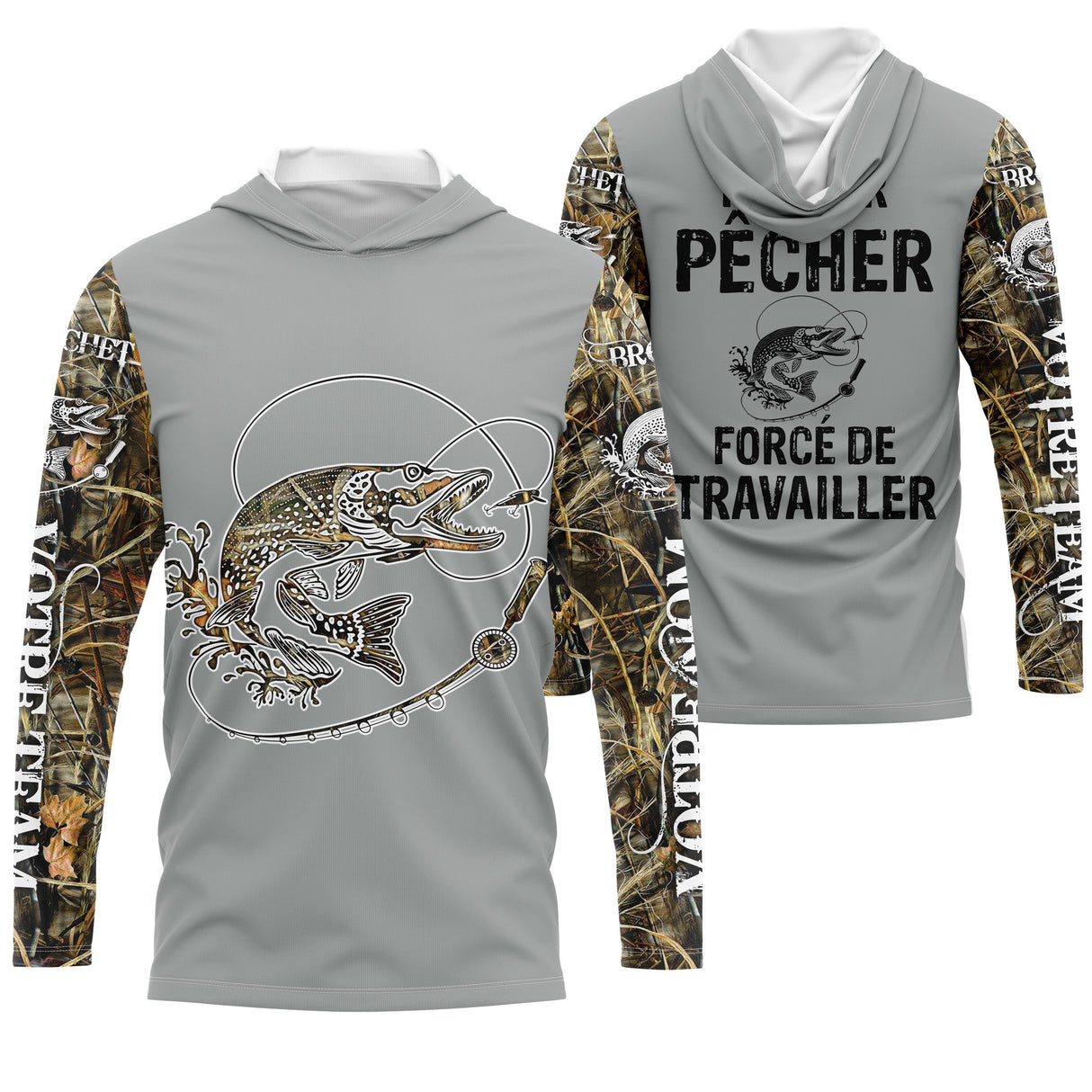 Sweater all-over pêche brochet humour Pêcher forcé de travailler camouflage prénom