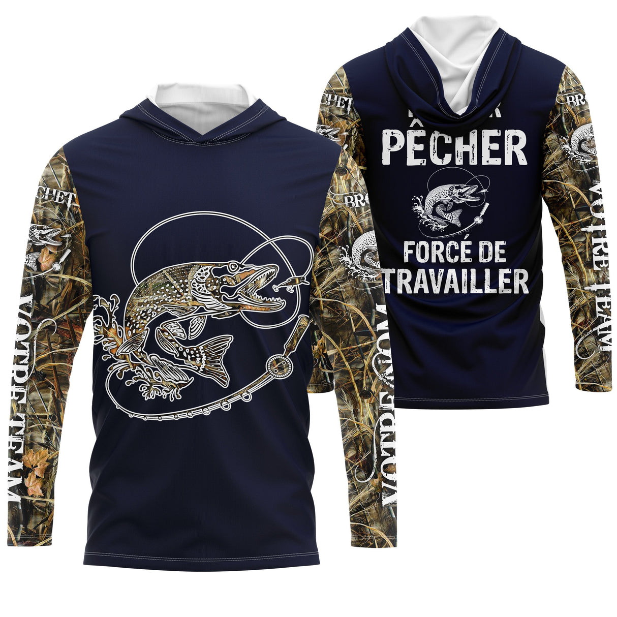 Sweat à capuche zippé pêche brochet humour Pêcher forcé de travailler camouflage prénom