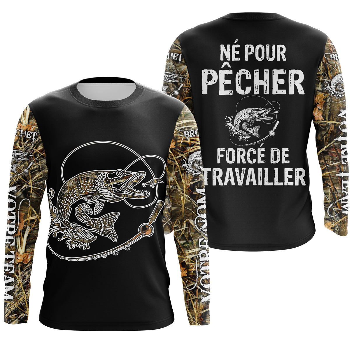 T-shirt all-over pêche brochet humour Pêcher forcé de travailler camouflage prénom