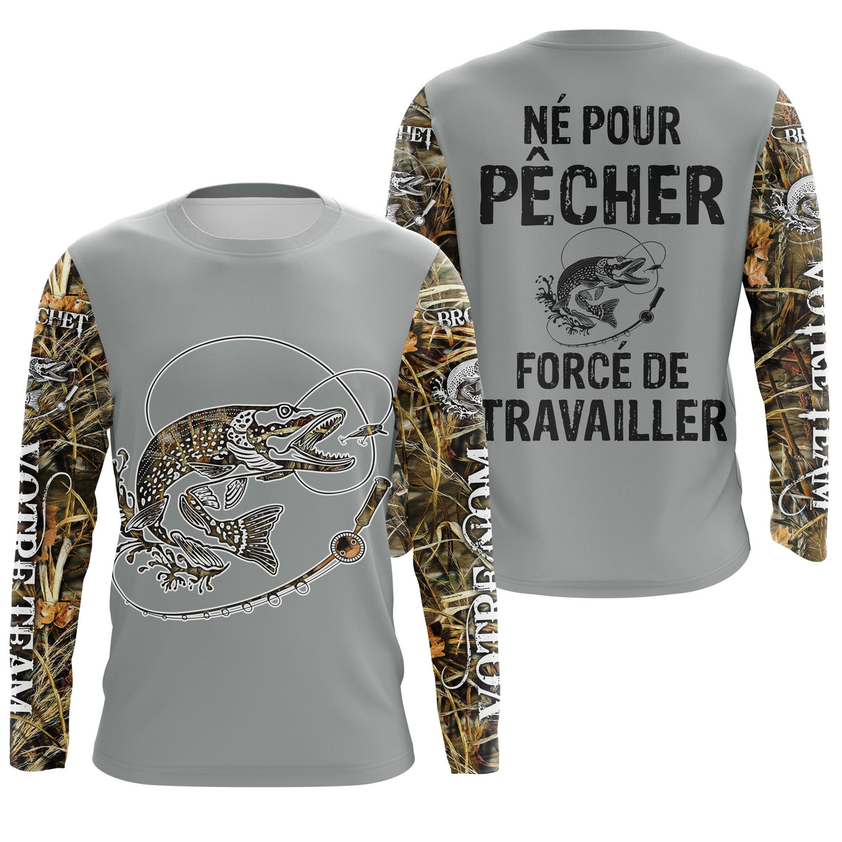 Sweat all-over pêche brochet humour Pêcher forcé de travailler vue dos camouflage prénom