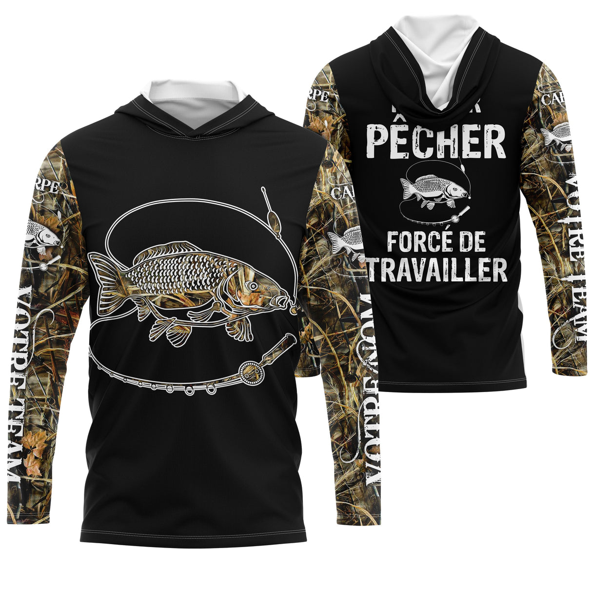 Maillot UV manches longues pêche carpe humour Pêcher forcé de travailler camouflage prénom