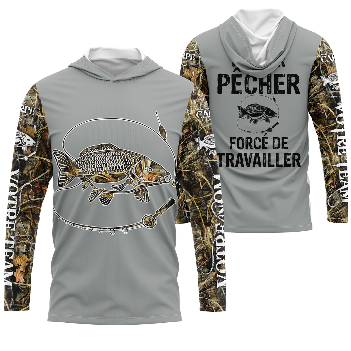 Sweater all-over pêche carpe humour Pêcher forcé de travailler camouflage prénom