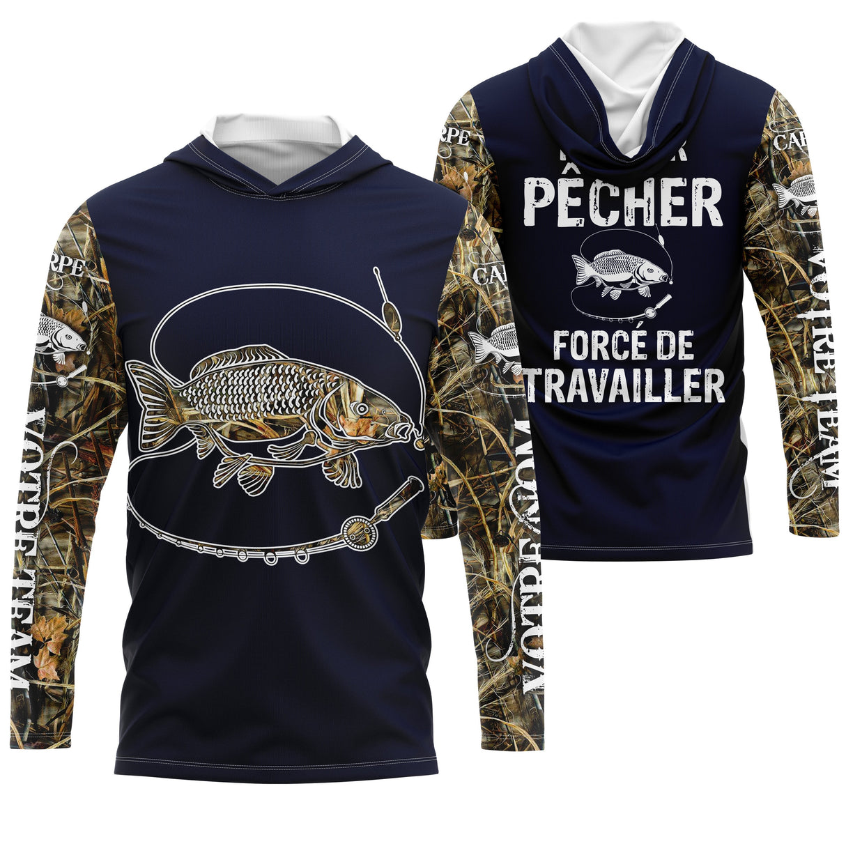 Sweat à capuche zippé pêche carpe humour Pêcher forcé de travailler camouflage prénom