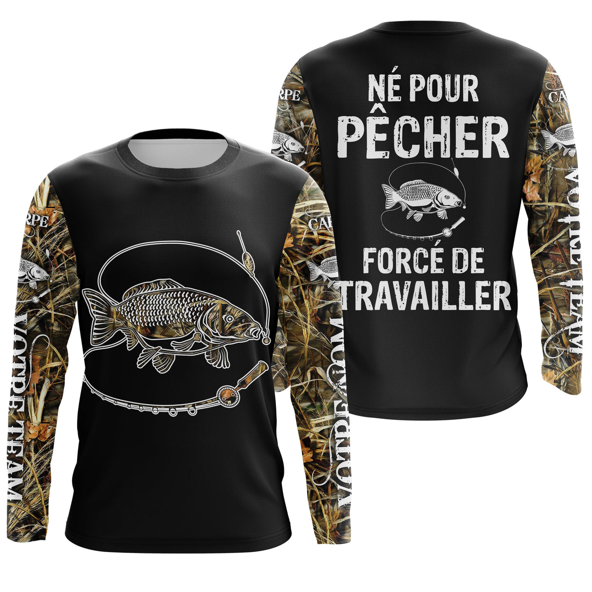 T-shirt all-over pêche carpe humour Pêcher forcé de travailler camouflage prénom