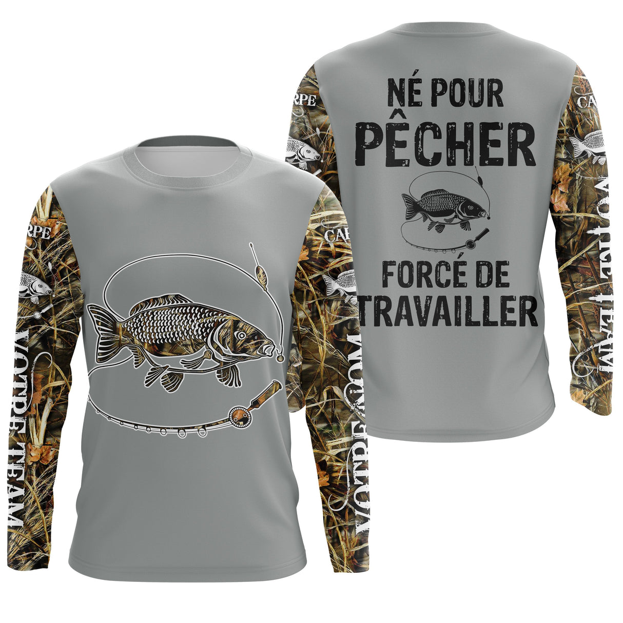 Sweat all-over pêche carpe humour Pêcher forcé de travailler vue dos camouflage prénom