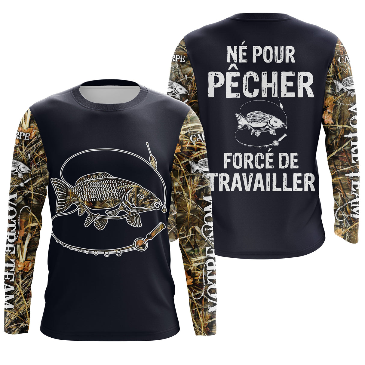 Hoodie pêche carpe humour Pêcher forcé de travailler camouflage prénom variante