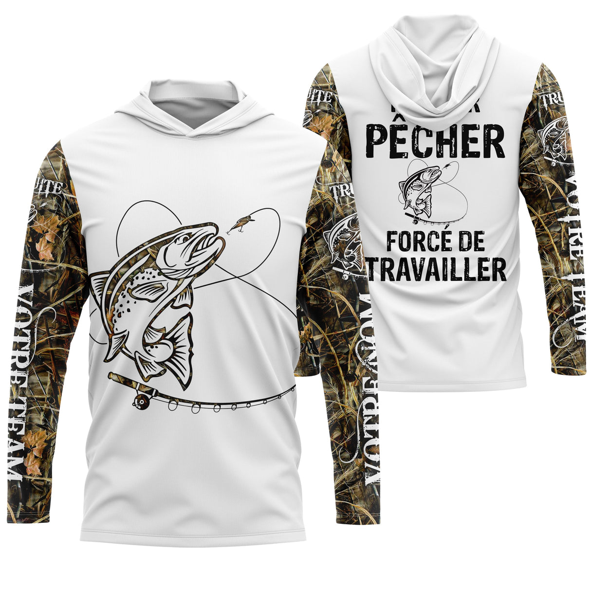 Sweat UV à capuche pêche truite humour Pêcher forcé de travailler bicolore blanc camouflage prénom