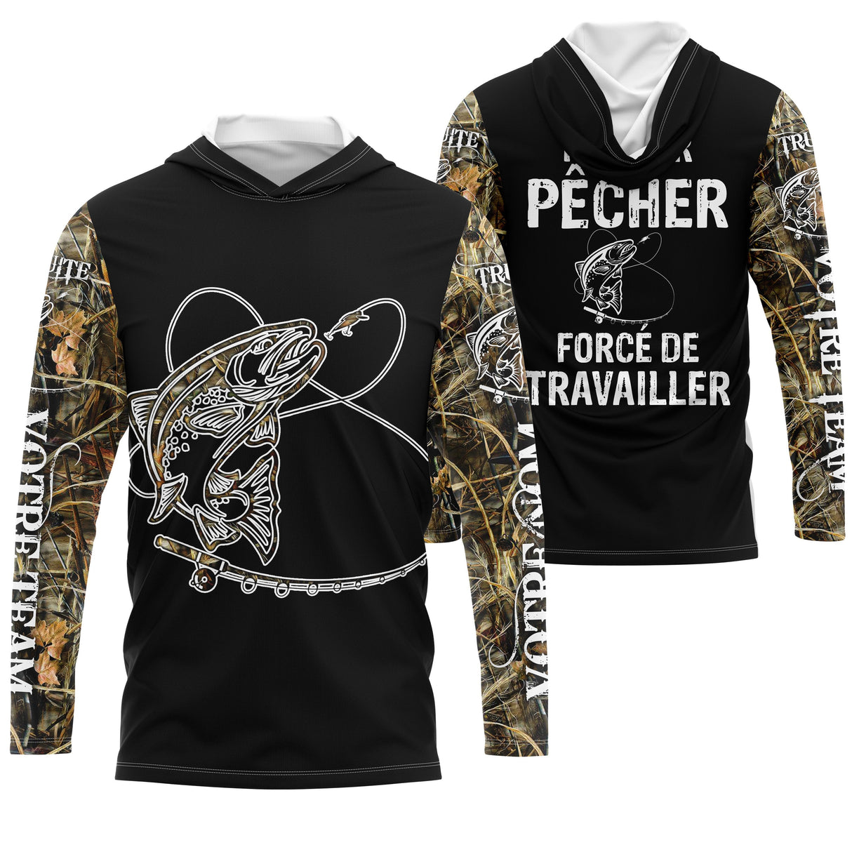 Maillot UV manches longues pêche truite humour Pêcher forcé de travailler camouflage prénom