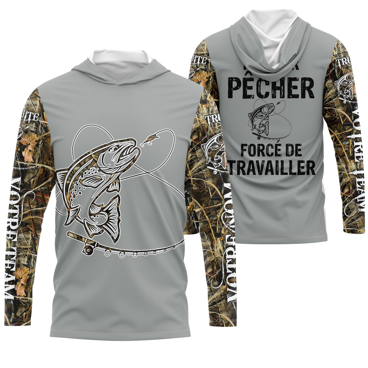 Sweater all-over pêche truite humour Pêcher forcé de travailler camouflage prénom