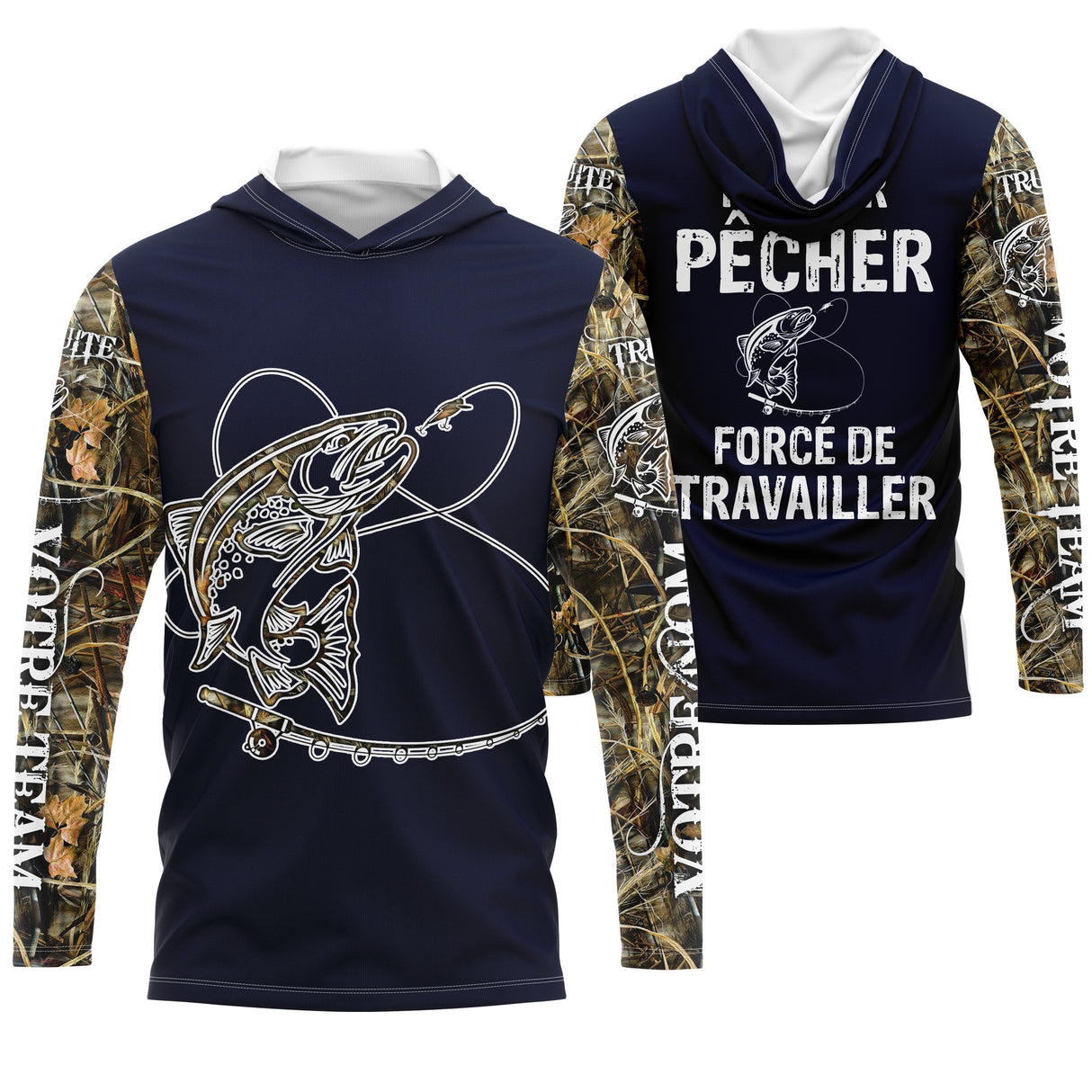 Sweat à capuche zippé pêche truite humour Pêcher forcé de travailler camouflage prénom