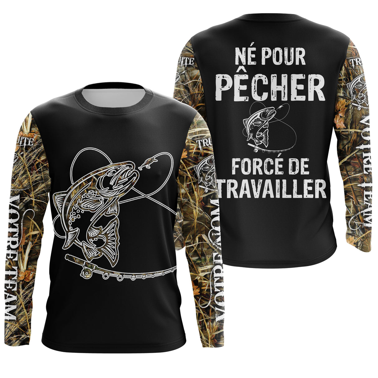 T-shirt all-over pêche truite humour Pêcher forcé de travailler camouflage prénom