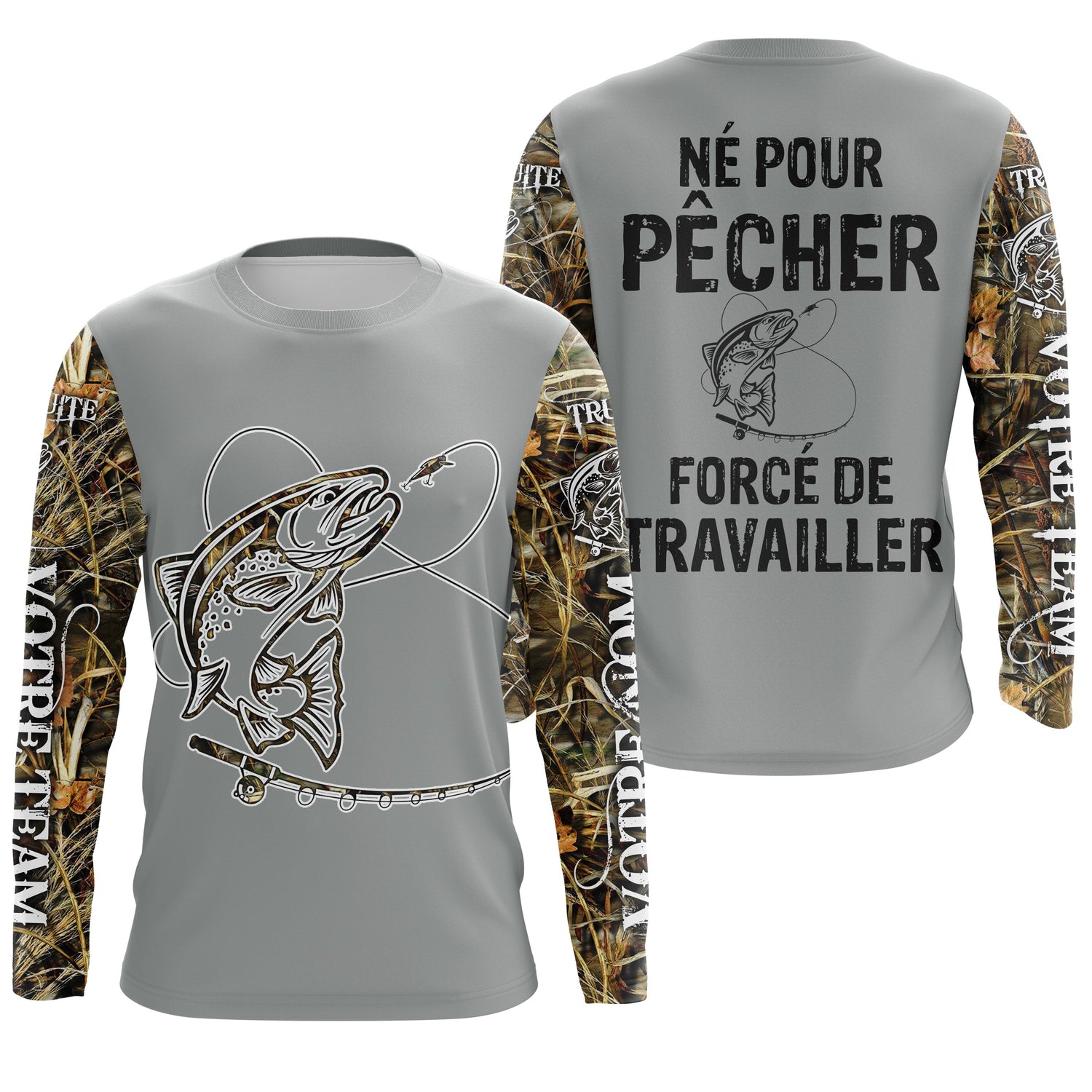 Pêche De La Truite Au Leure Souple, Cadeau Humour Pêcheur, Né Pour Pêcher, Forcé De Travailler, Cadeau Humour Personnalisé Pêcheur - VEPETR022 T-shirt Anti UV Manches Longues Unisexe Gris