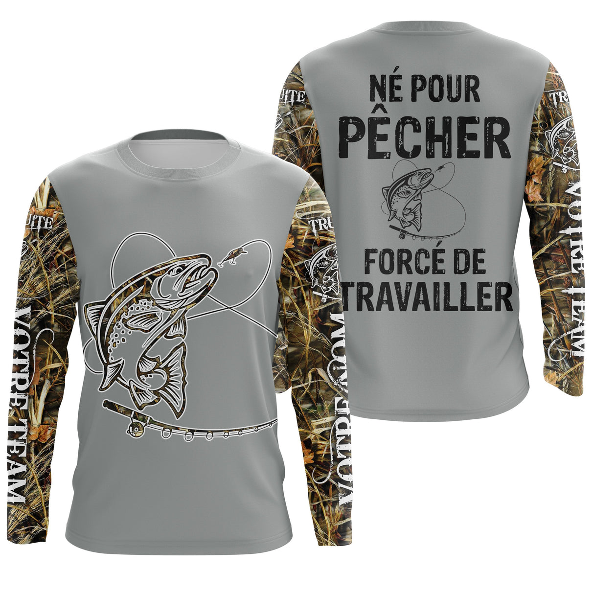Sweat all-over pêche truite humour Pêcher forcé de travailler vue dos camouflage prénom