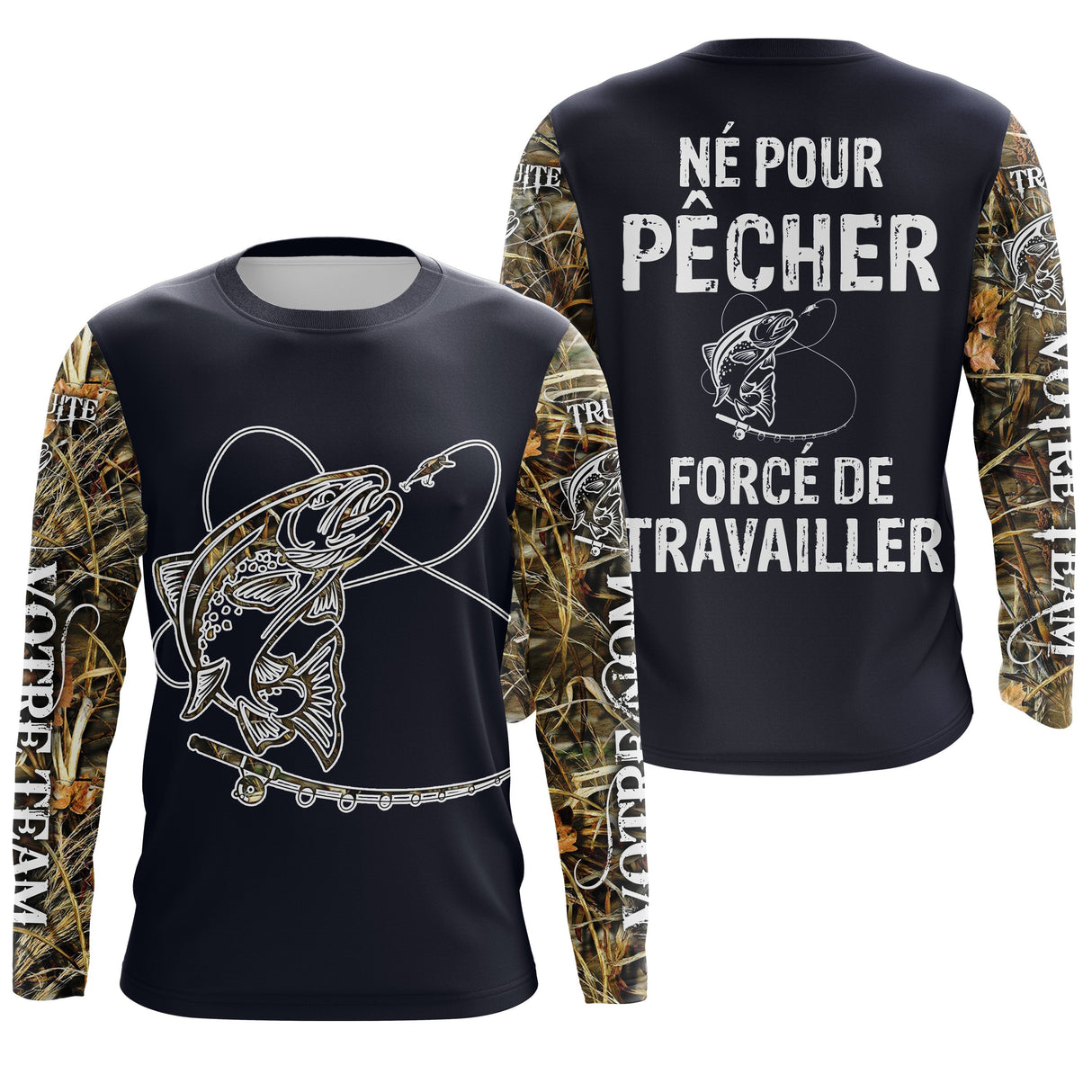 Hoodie pêche truite humour Pêcher forcé de travailler camouflage prénom variante