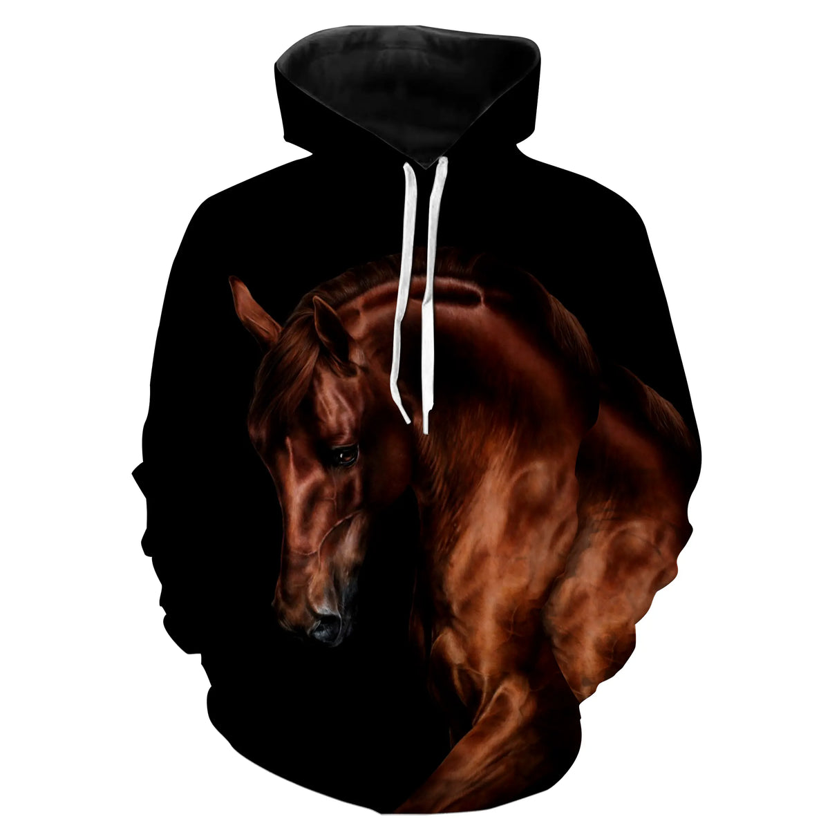 Sweat à capuche all-over équitation cheval brun, portrait réaliste sur fond noir, vêtement chaud pour cavalier