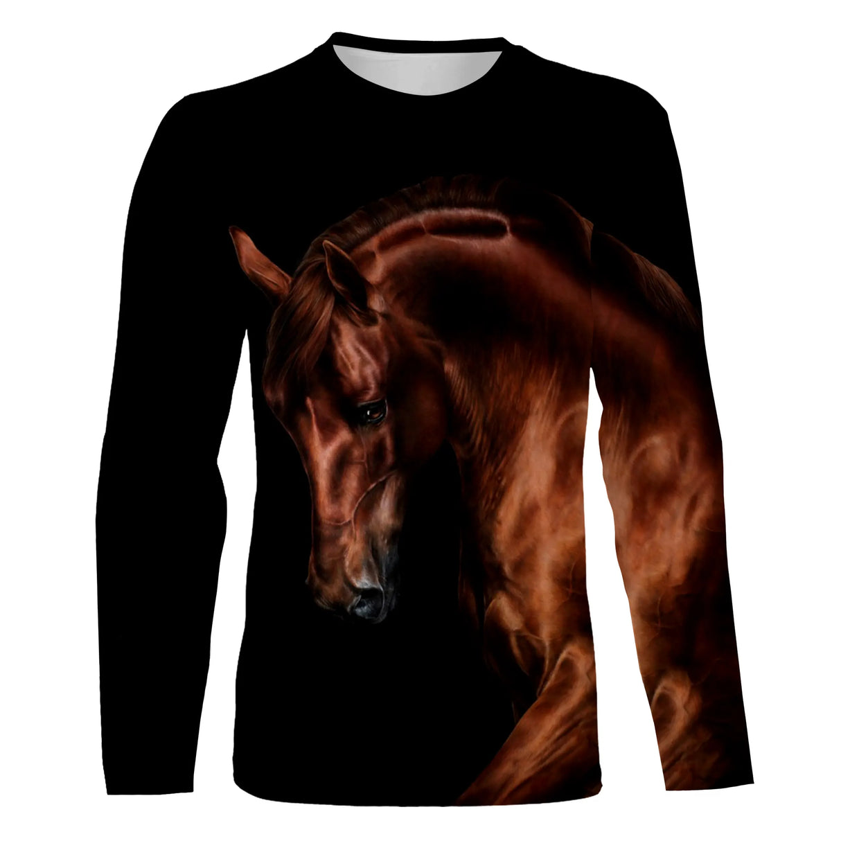 T-shirt cheval brun vue de face design noir profond et portrait réaliste, coupe unisexe disponibles