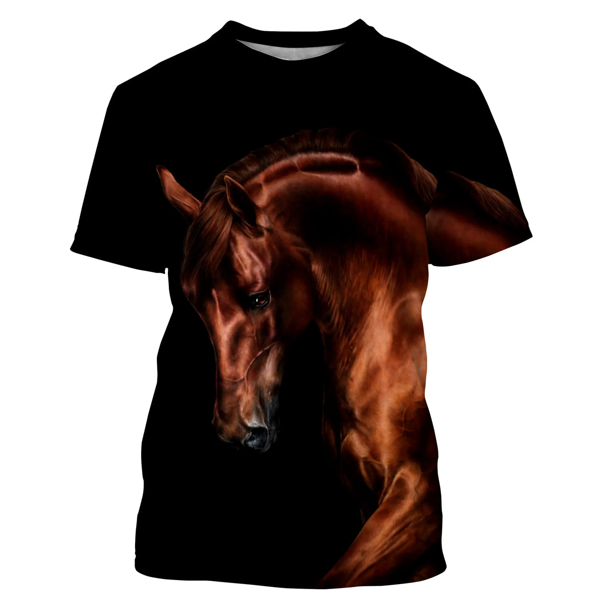 T-shirt équitation noir avec photographie réaliste de cheval brun chestnut au pelage flamboyant et crinière en mouvement