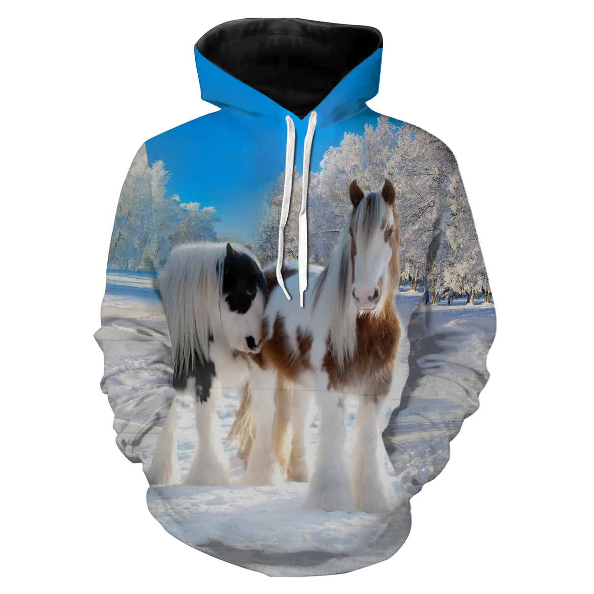 Sweat à capuche all-over équitation chevaux pie neige, scène féerique enneigée, vêtement chaud cavalier