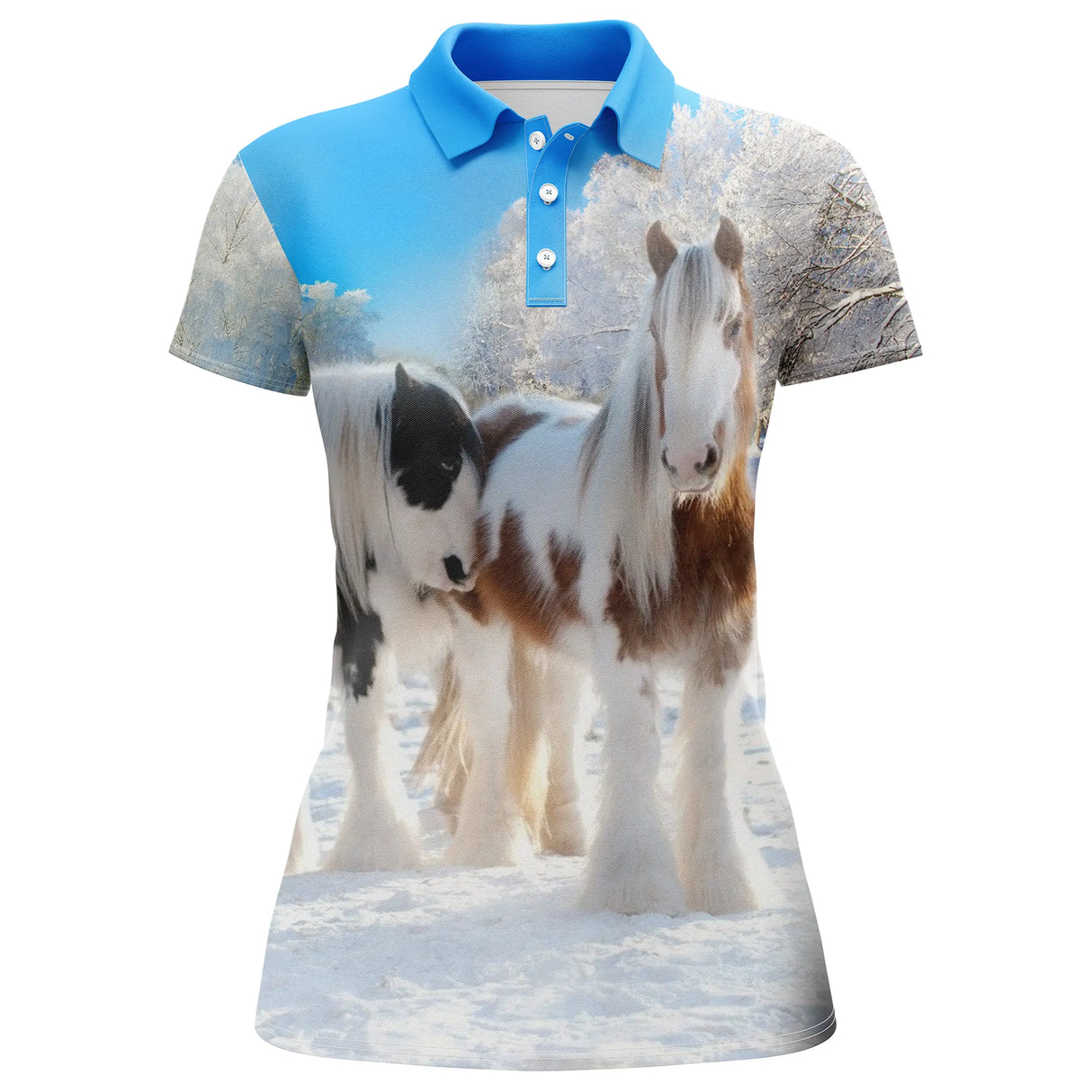 Polo équitation chevaux pie vue de face design hivernal et chevaux côte à côte, coupe homme et femme disponibles