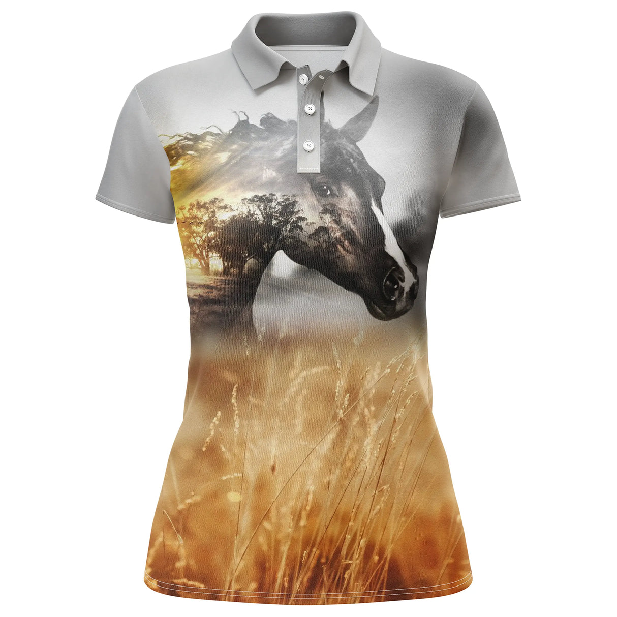 Polo équitation cheval champs de blé vue de face design solaire, coupe homme et femme disponibles