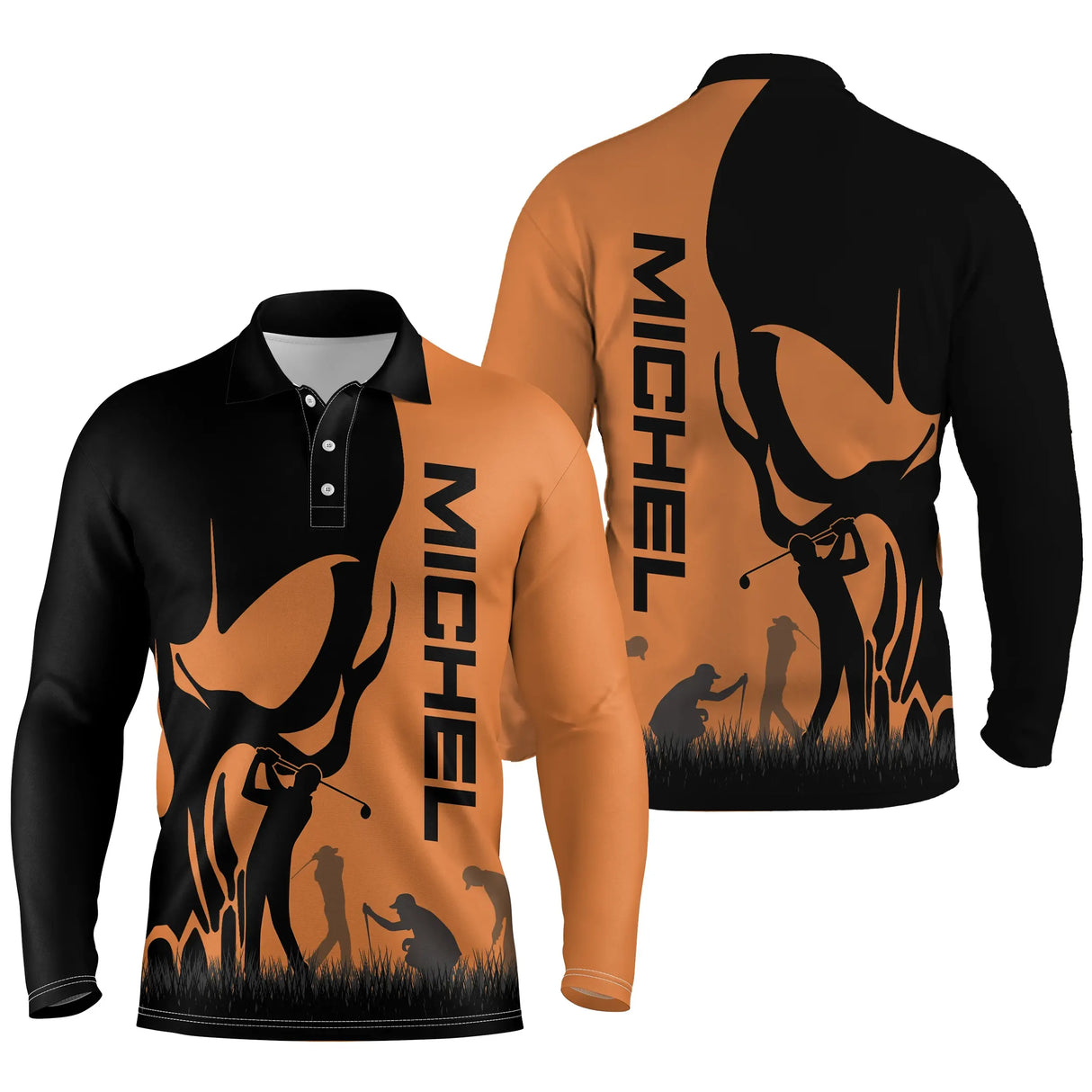 Polo golf manches longues unisexe orange noir tête mort silhouettes golfeurs prénom personnalisable