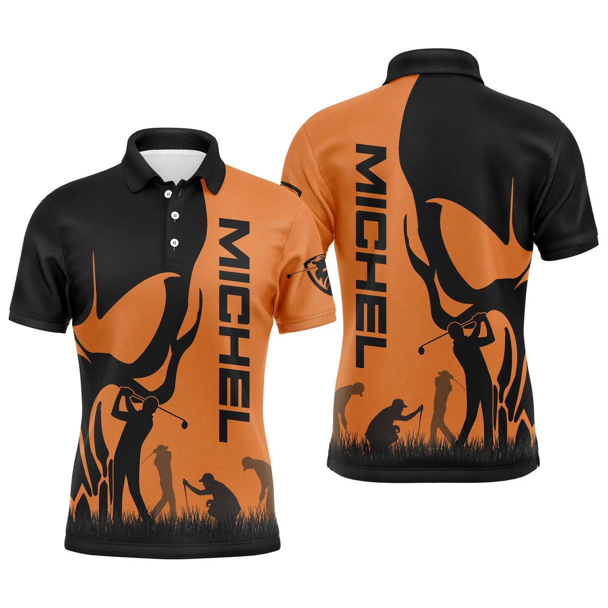 Polo golf homme noir et orange tête de mort prénom Michel silhouettes golfeurs vue avant