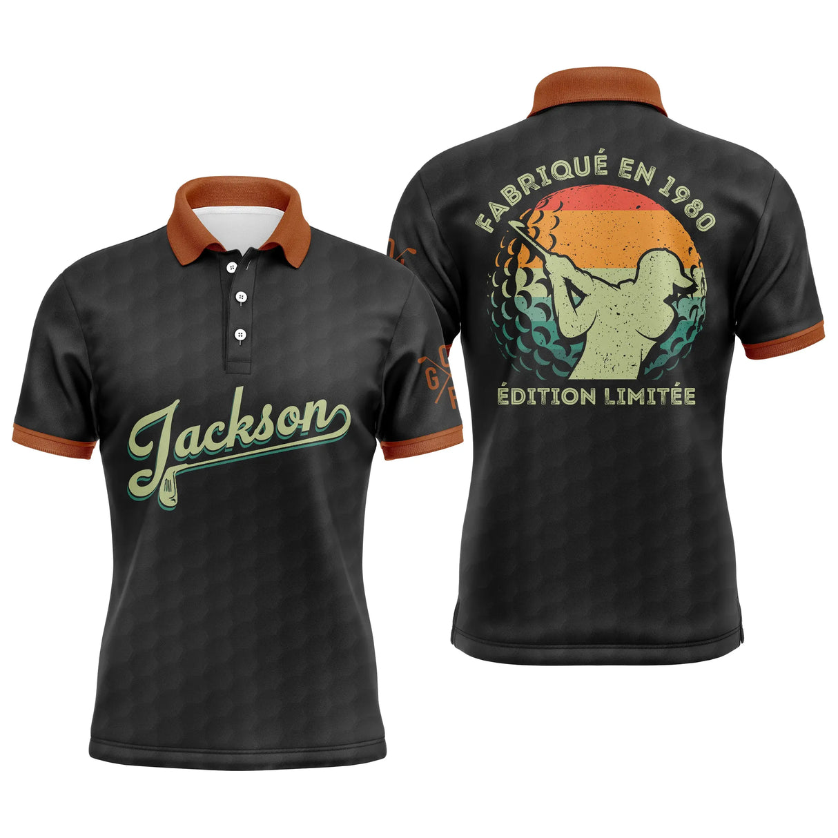 Polo golf homme rétro vintage noir orange prénom Jackson année 1990 édition limitée vue avant