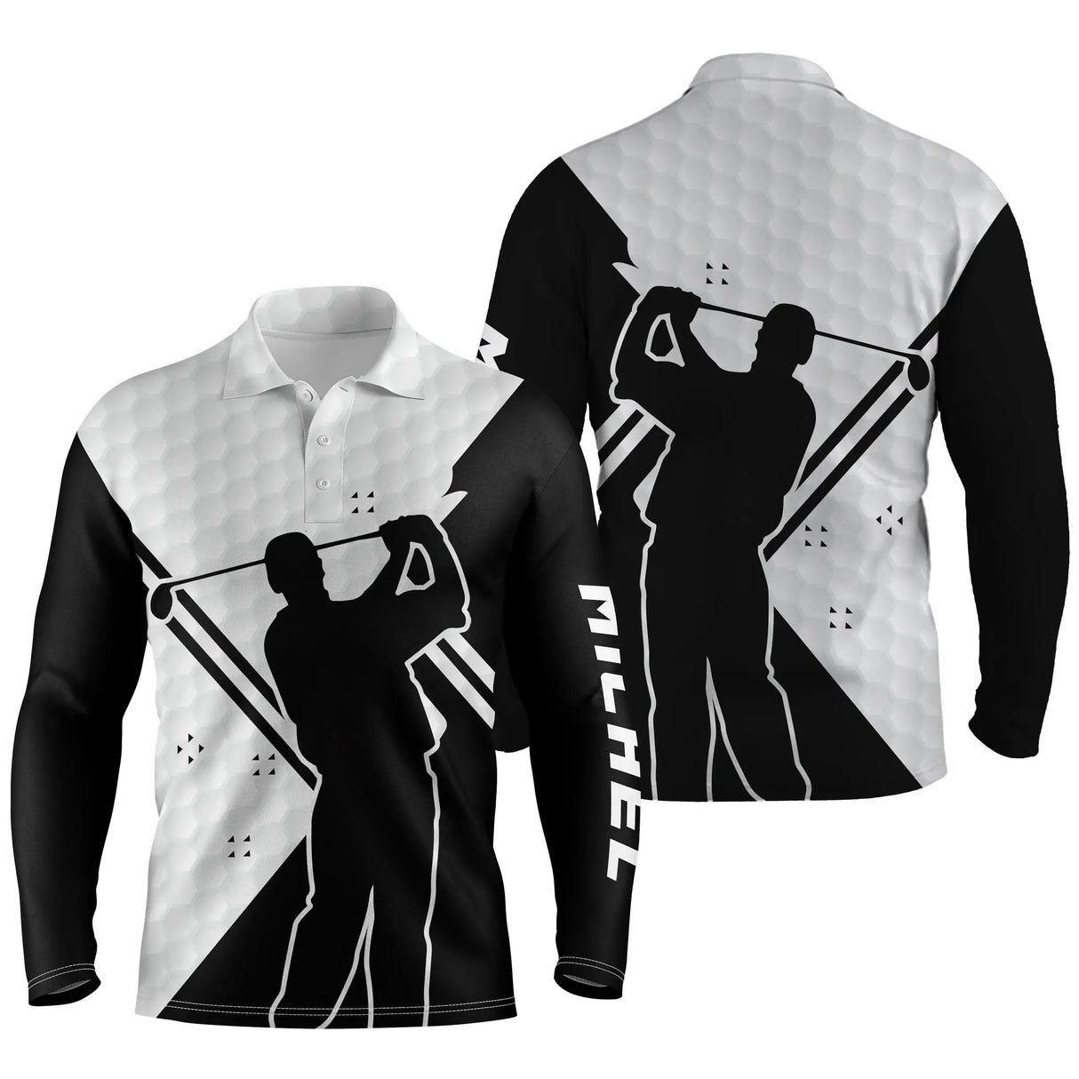 Polo golf manches longues unisexe blanc noir silhouettes joueurs prénom personnalisable