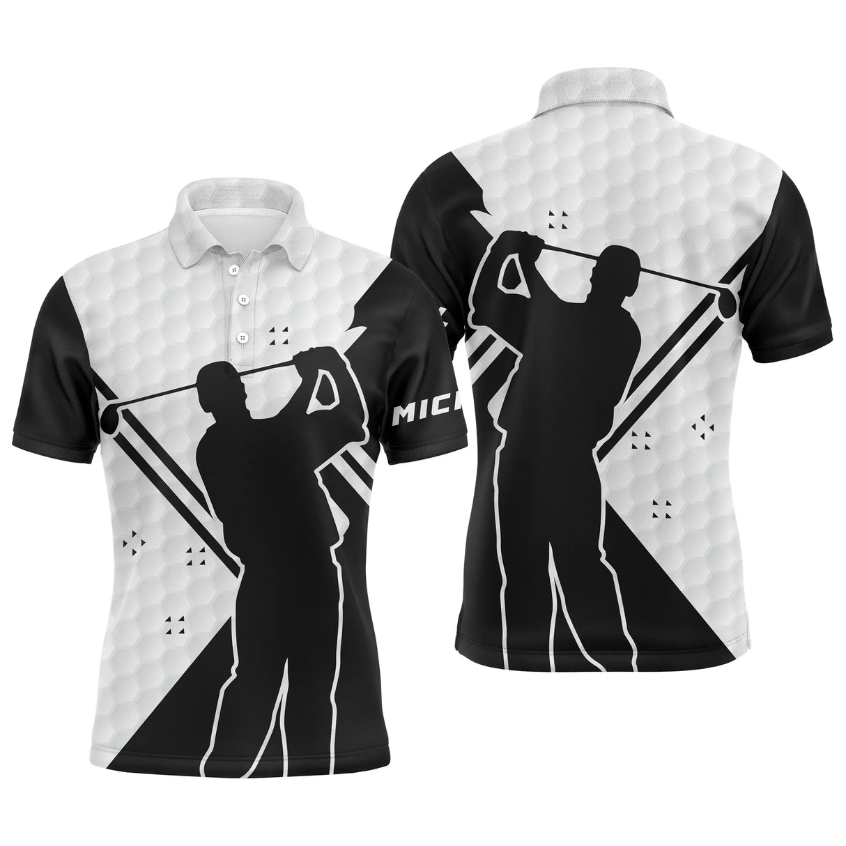 Polo golf homme blanc noir silhouettes golfeurs swing motif balles prénom Michel vue avant
