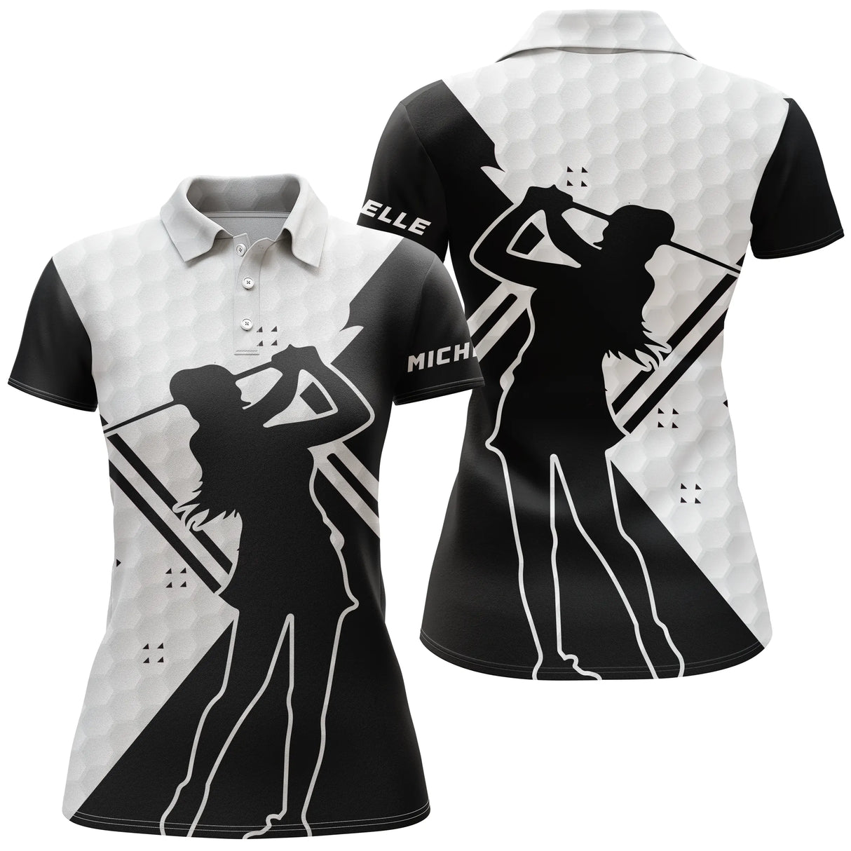 Polo golf femme blanc noir silhouette golfeuse motif balles personnalisable vue dos