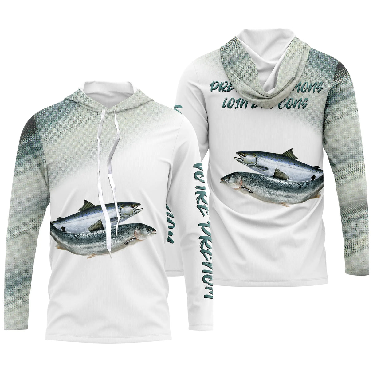 Tenue de pêche du saumon personnalisée hoodie capuche gris argenté et blanc avec saumons en mouvement