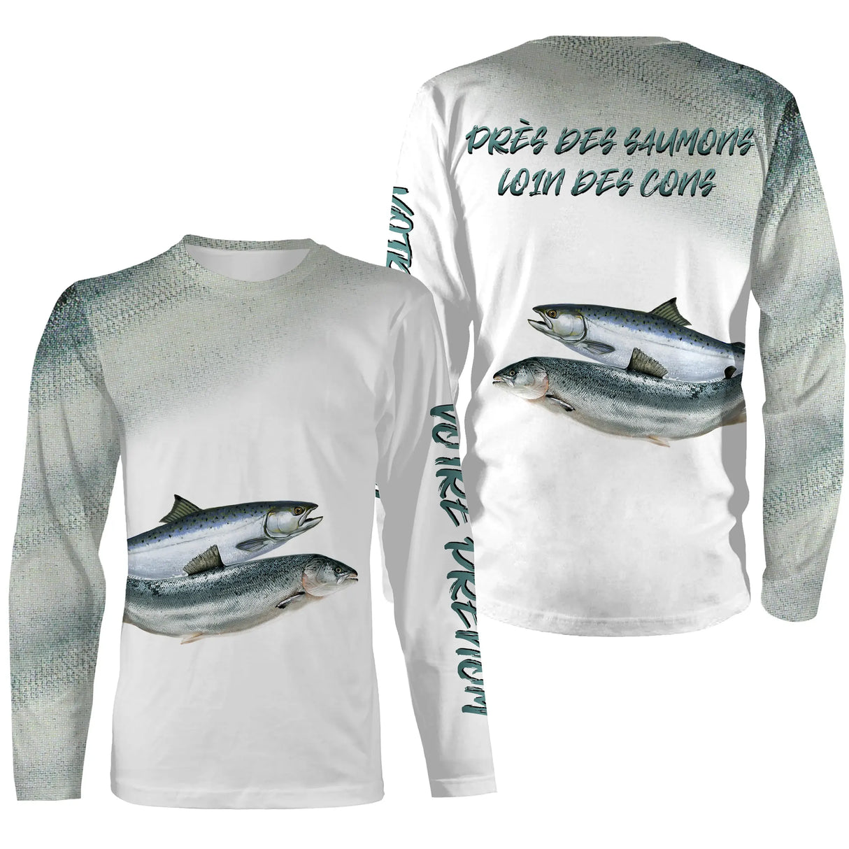 Manches longues pêche saumon gris et blanc unisexe motif salmonidés pour eau vive