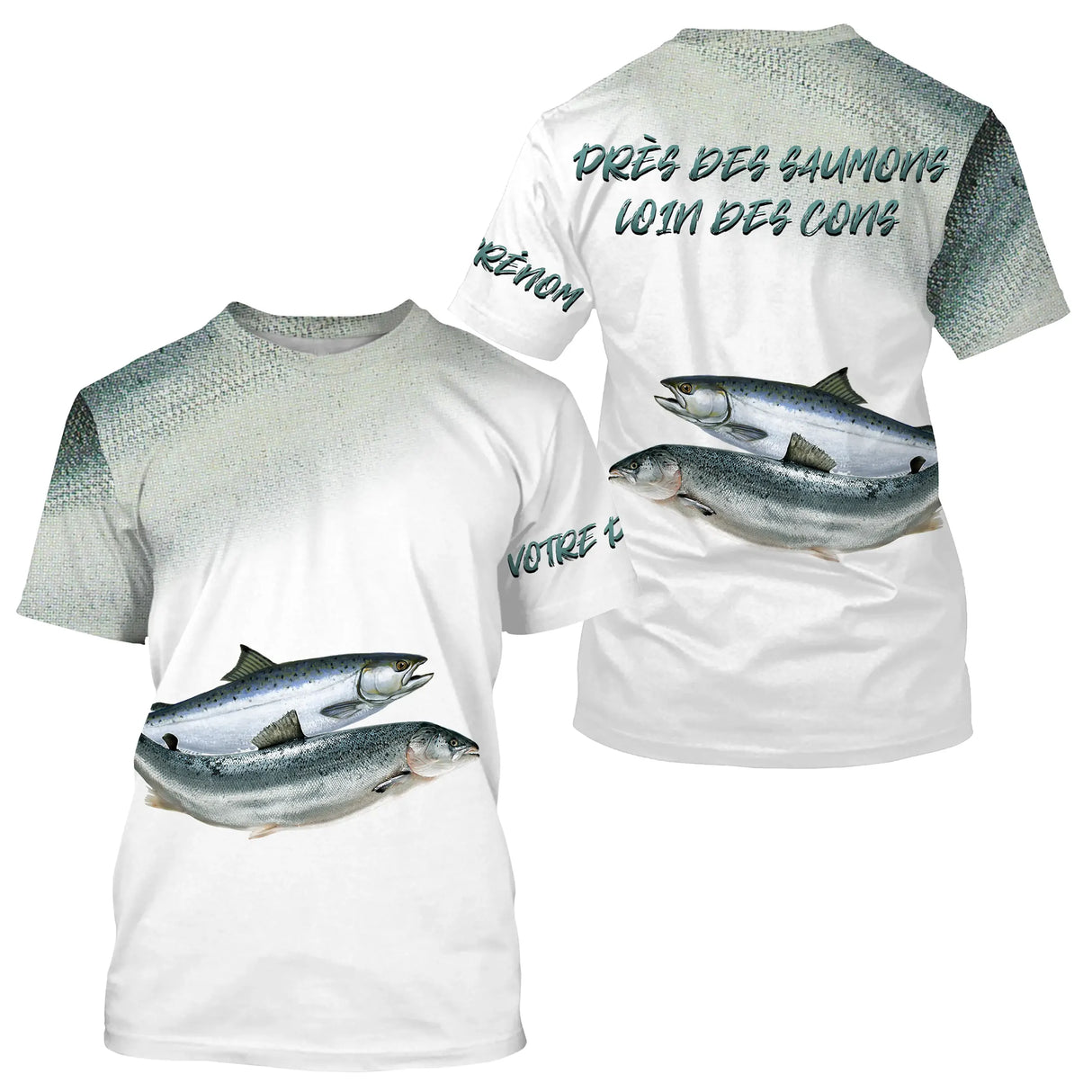 T-shirt all-over pêche saumon gris argenté avec saumons en remontée coupe unisexe rivière