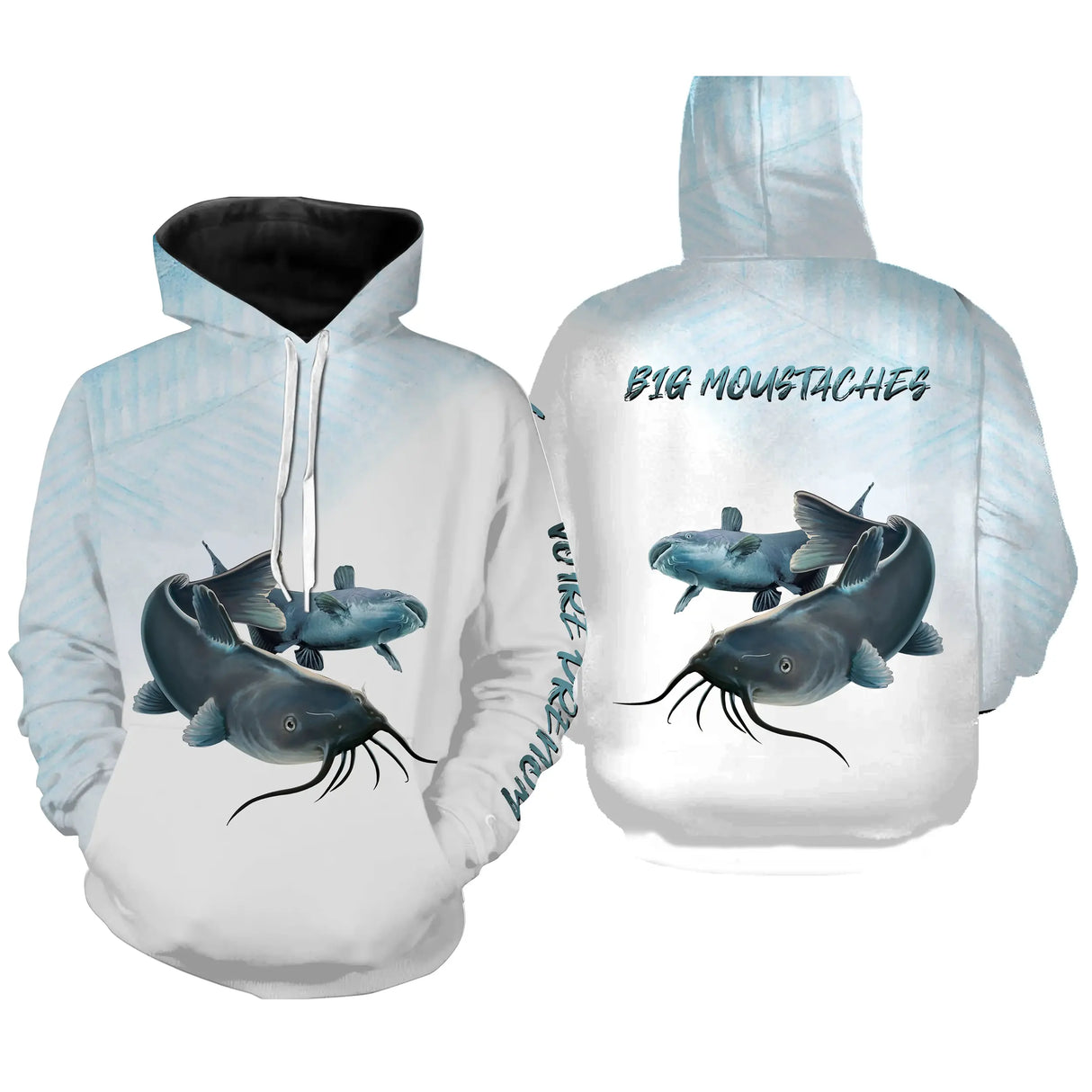 Hoodie pêche silure bleu pâle et blanc avec impression all-over de silures pour silureurs