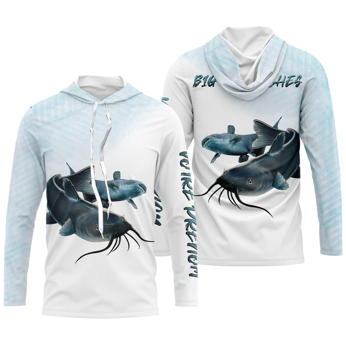 Tenue de pêche silure personnalisée hoodie capuche bleu pâle et blanc avec silures Big Heads