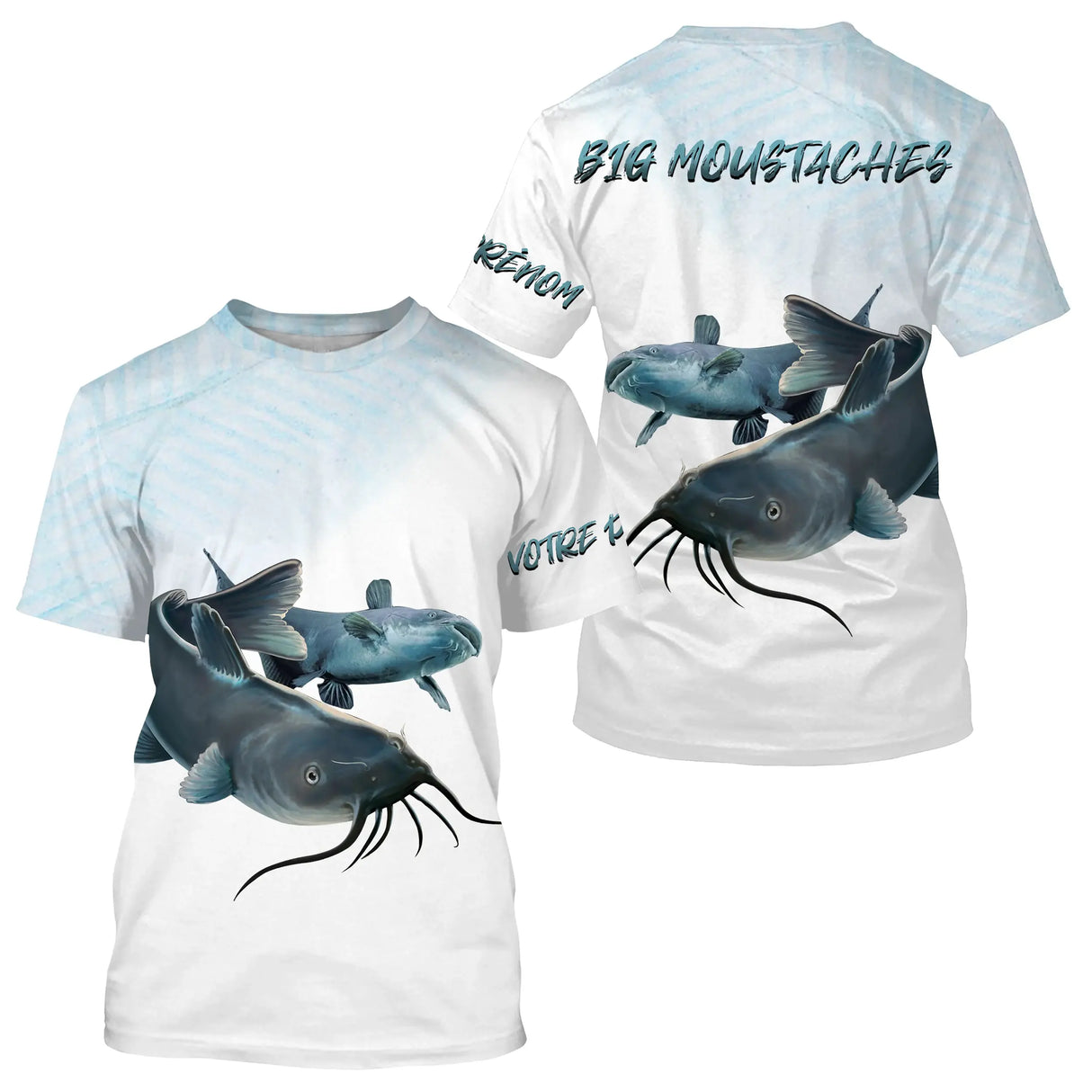 T-shirt all-over pêche silure bleu pâle avec grands silures coupe unisexe fleuve