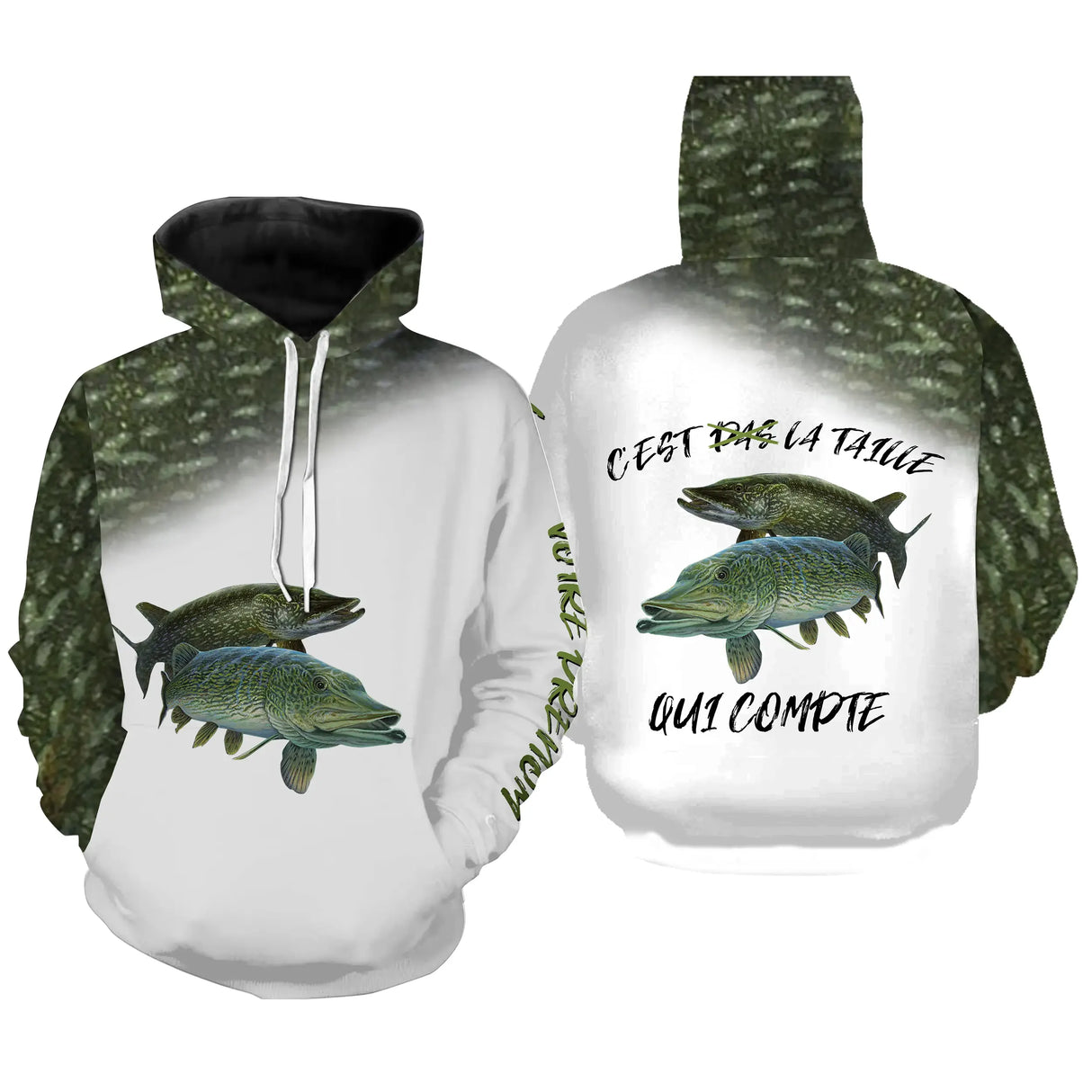 Hoodie pêche brochet camouflage vert avec impression all-over de brochet en attaque
