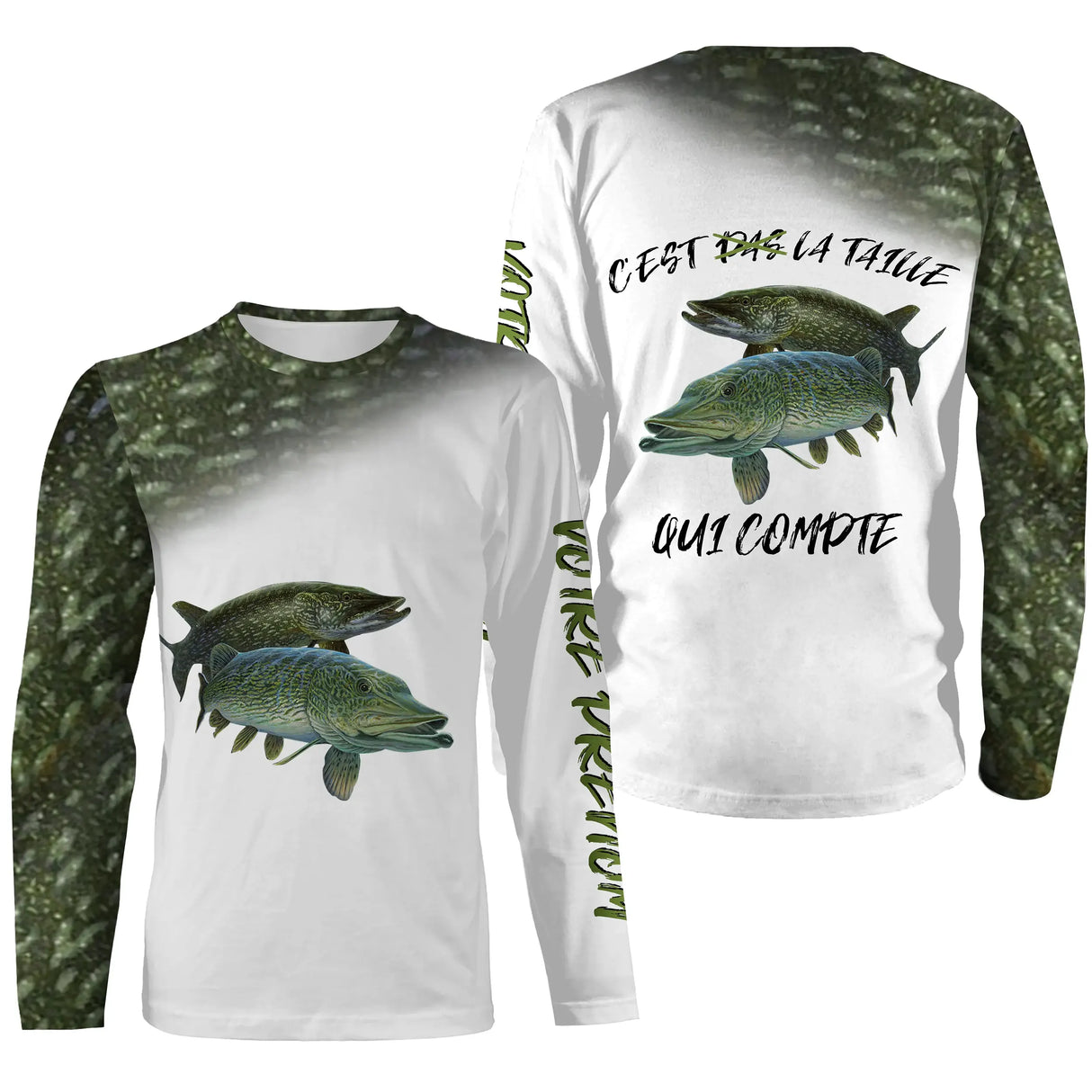 Manches longues pêche brochet camo vert et blanc unisexe motif brochet pour traque verticale