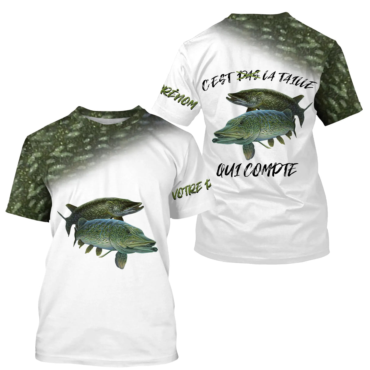 T-shirt all-over pêche brochet camo vert avec brochet en attaque coupe unisexe lac