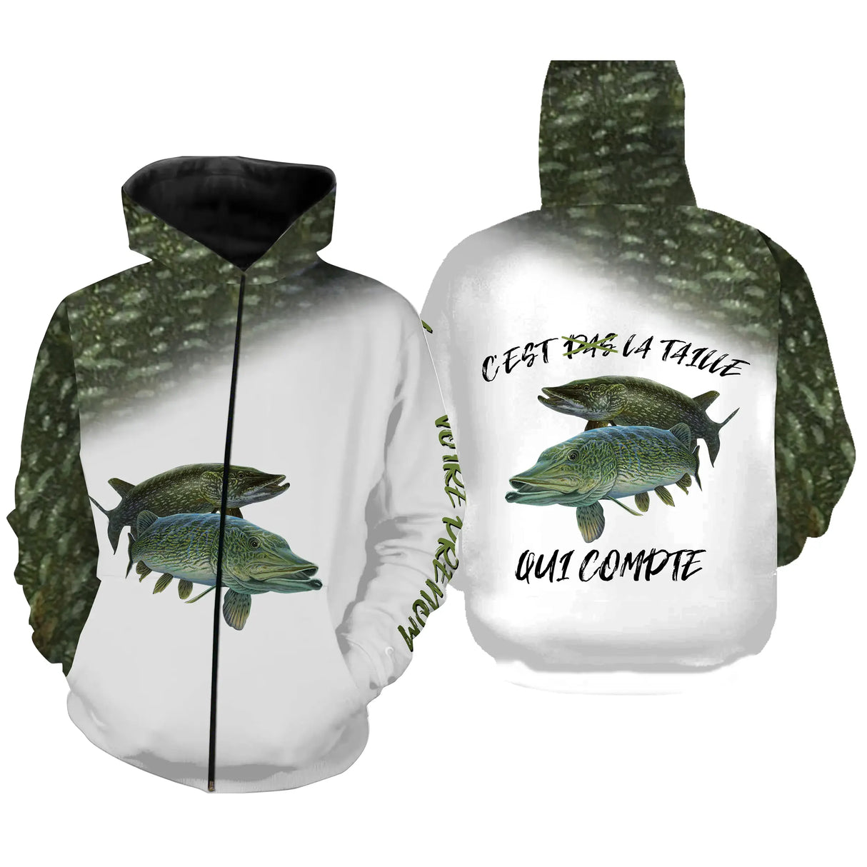 Sweat zippé all-over pêche brochet camo vert coupe unisexe pour traque aux leurres