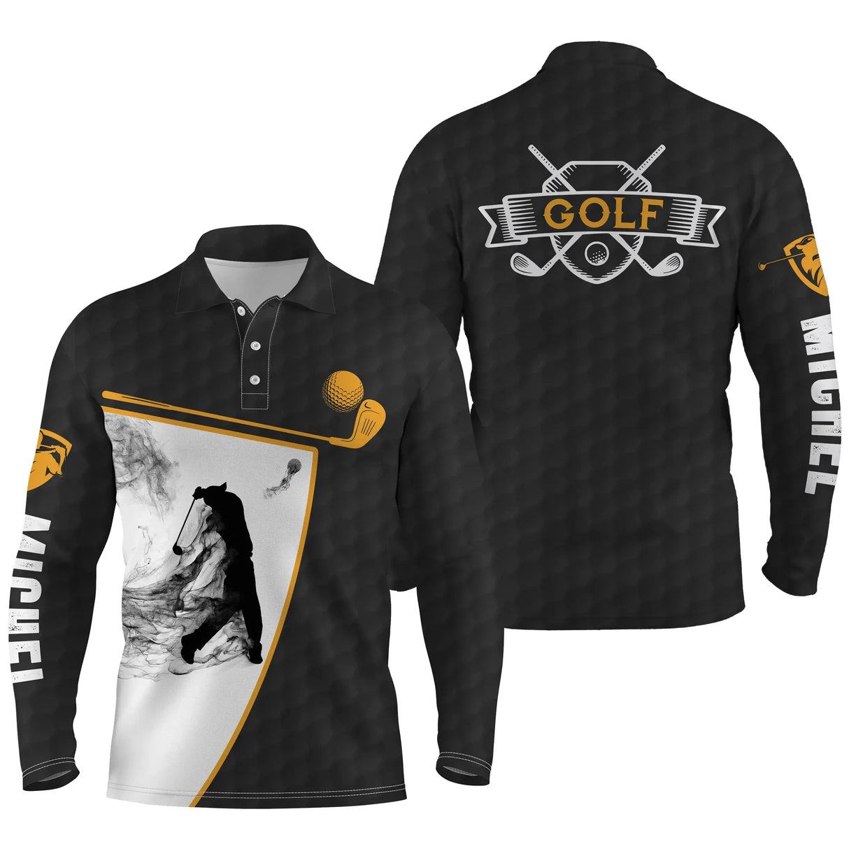 Polo de golf manches longues unisexe noir et or avec sac de clubs et lettrage GOLF