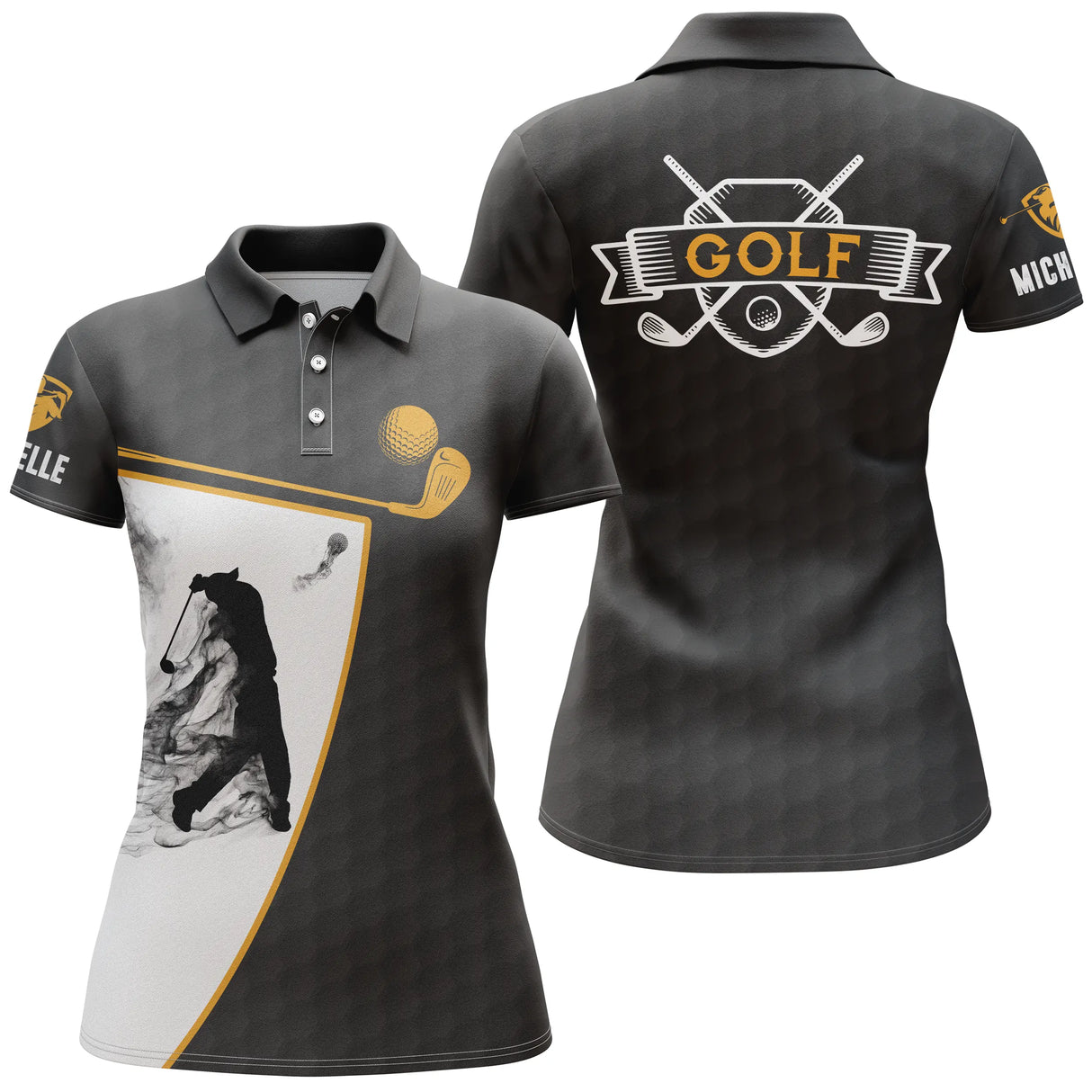 Polo de golf femme noir et or avec sac de clubs golf coupe ajustée féminine